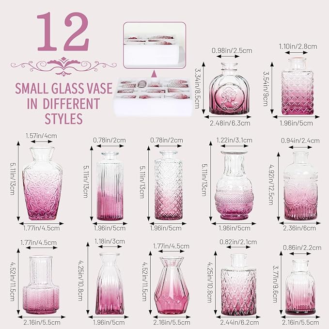 Mini Bud Vases Set of 12 As Wedding Centerpieces for Tables,Clear Bud Vases for Flowers,Small Flower Vases Suitable for Birthday Party,Anniversary,Wedding Reception,Baby Shower (Purple)