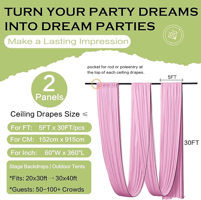PartyVillage 2 Panels 5ftx30ft Baby Pink Ceiling Drapes for Wedding Parties – 30 FT Extra Long Thick Polyester Wrinkle-Free Drapery Tent Decor Decorations for Birthday Party Ceremony Stage Swag