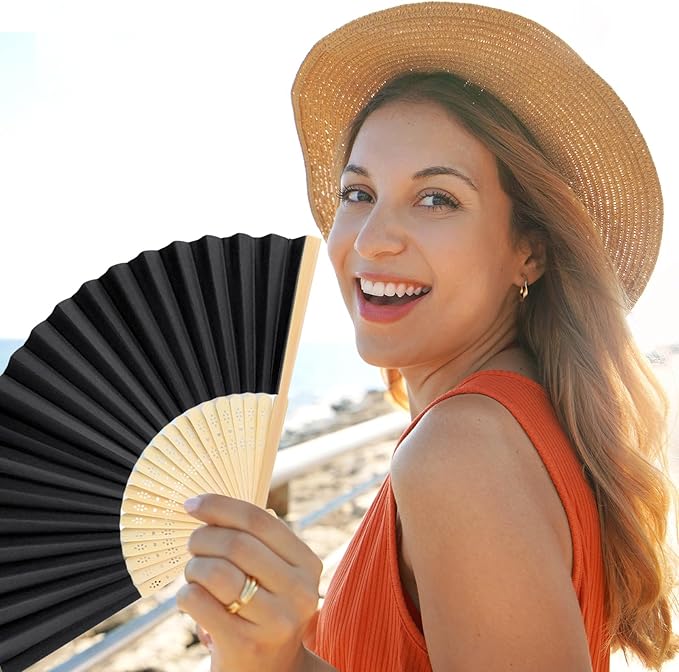 24 Pieces Black Hand Held Bamboo Folding Fans Paper Fans Handheld for Women Foldable Girls Wedding Decoration Church Home Party Favors Summer