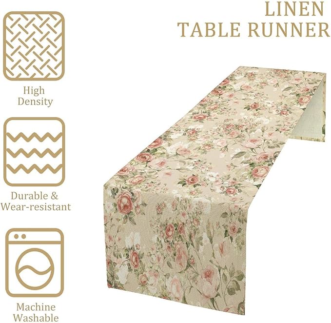 Lovely Rose Table Runner, Red and White Vintage Rose Delicate Floral Natural Pattern Long Table Restaurant Kitchen Holiday Party Decoration,13in（33cm） W * 108in（274cm） L