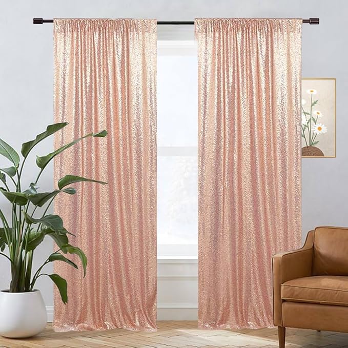 Eternal Beauty Rose Gold Sequin Backdrop Curtains, Shimmer Back Drop 4Panels-2FTx8FT for Christmas, Party, Birthday, Photography, Wedding, Baby Shower Event Decoration