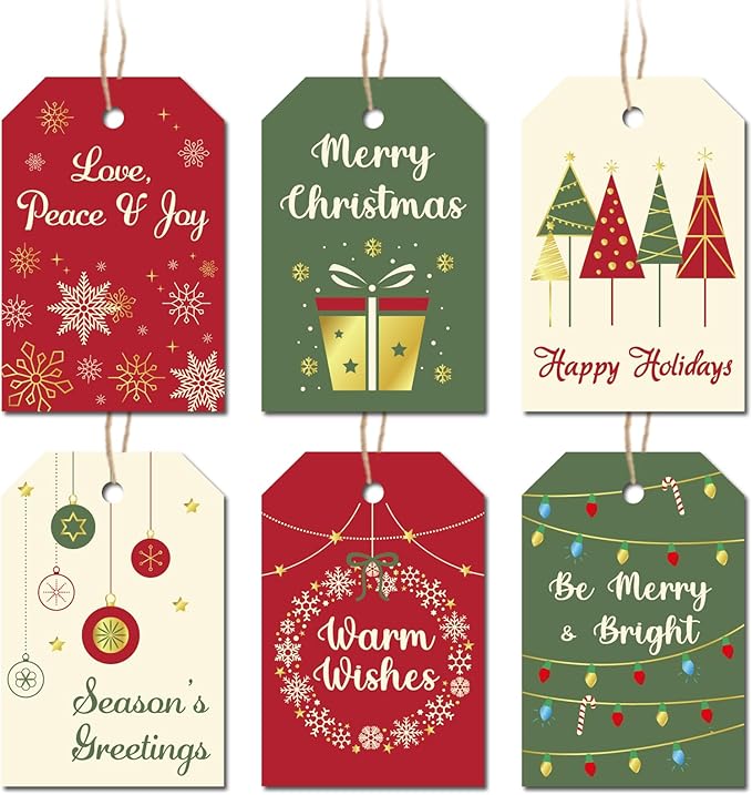 Christmas Gift Tags with String, 96 Pcs Christmas Hanging Tags Label Gold Foil Xmas Present Tag for DIY Xmas Holiday Present Wrapping Decorations, 6 Styles