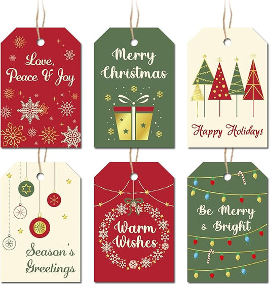 Christmas Gift Tags with String, 96 Pcs Christmas Hanging Tags Label Gold Foil Xmas Present Tag for DIY Xmas Holiday Present Wrapping Decorations, 6 Styles