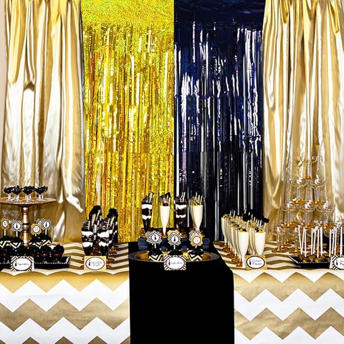 BEISHIDA 4 Pcs Black and Gold Party Streamers Fringe Foil Curtain Backdrop Tinsel Background Party Decoration for Door Wall Graduation Birthday Wedding Anniversary Christmas Party Decoration