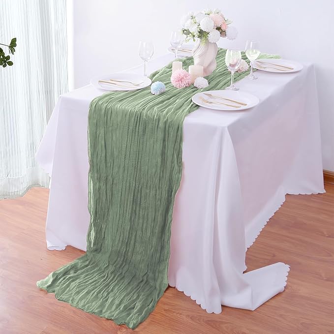 16PCS Sage Green Cheesecloth Boho Gauze Table Runner - 35x120Inch, Long, Rustic, Sheer for Wedding Party, Bridal Shower, Baby Table Decor