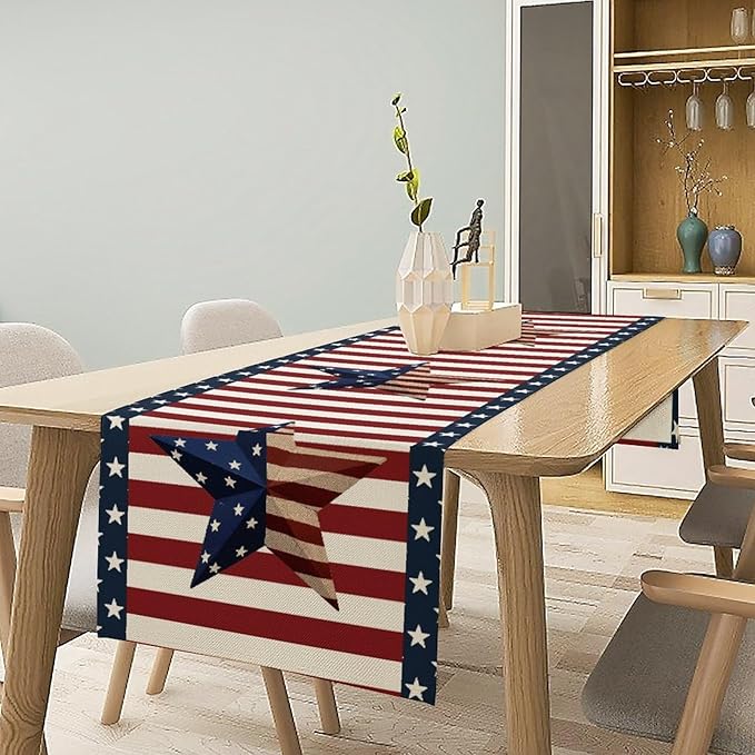 4th of July Table Runner, Patriotic Independence Day American Stars Stripes Flag Print Table Runner for Farmhouse Kitchen Dining Holiday Birthday Party, 13x120inch