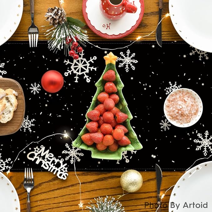 Artoid Mode Black Snowman Snowflake Let it Snow Winter Table Runner, Christmas Kitchen Dining Table Decoration for Home Party Decor 13x36 Inch