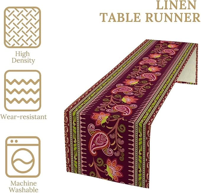 Dark Red Paisley Table Runner, Vintage Boho Paisley Flowers Geometric Print Table Cover for Farmhouse Wedding Party Home Kitchen Dining Table, 13x36inch