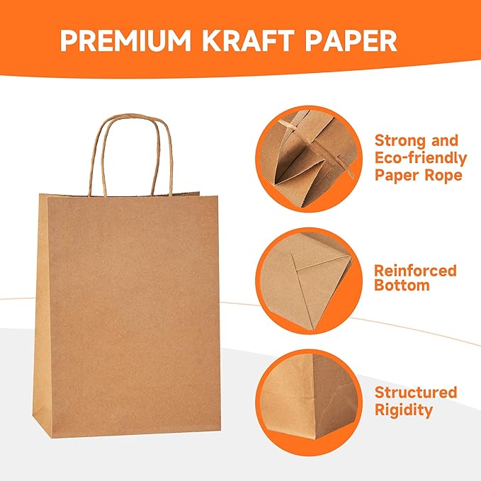 50 Pack Small Brown Paper Gift Bags with Handles, 5.8"x3.2"x8.25" Kraft Paper Gift Bags for Retail, Birthday Parties, Shopping, Versatile Craft Bags & Goodie Sacks