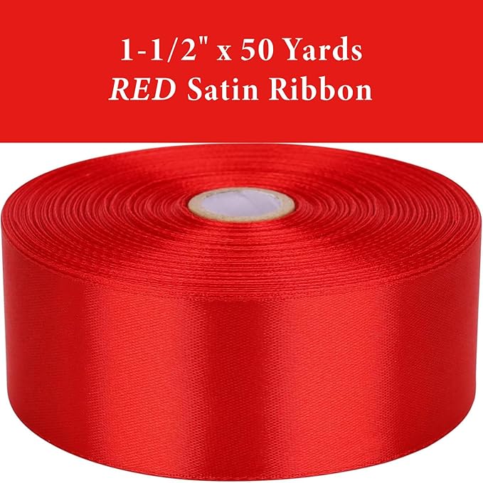 1-1/2 Inch Red Satin Ribbon 50 Yards Solid Fabric Ribbons for Gift Wrapping, Crafts, Floral Arrangements, Wedding, Party, Holiday and Home Decor