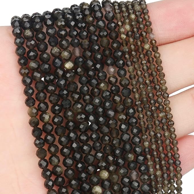 Song Xi 90pcs 4mm Natural Gold Obsidian Gemstone Beads Faceted Round Loose Stone Beads for Jewelry Making