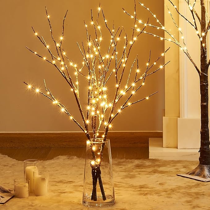 Fudios Lighted Branches Snow Dusted with Timer 100 LED 32IN, Artificial Tree Branch with Lights for Home Bedroom Fireplace Mantle Christmas Holiday Decoration