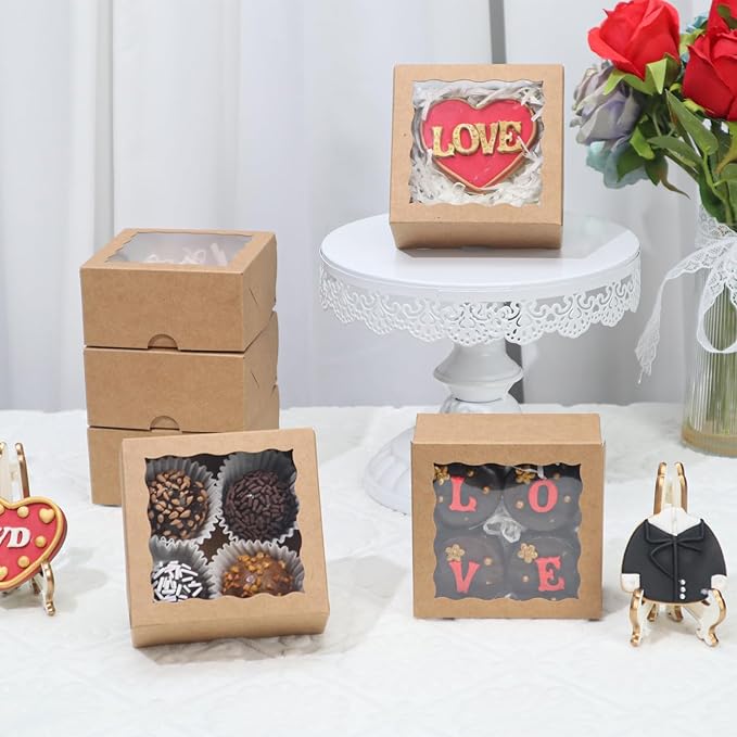 50-Count 4x4x2 Food-Safe Brown Bakery Boxes - Multi-Use Pastry & Treat Packaging for Cookies, Truffles & Wedding Favors (Stackable Gift Boxes for Cakes, Pies & Cinnamon Rolls)
