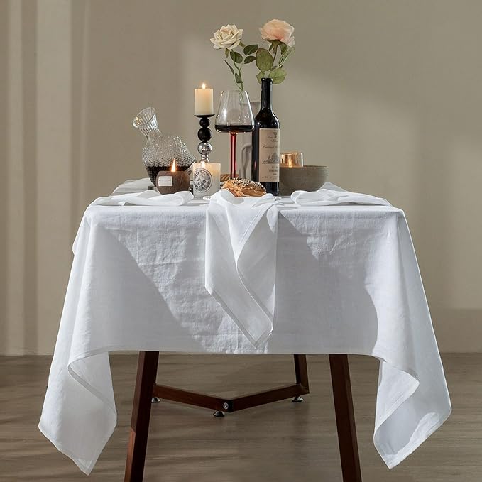 Talasily Linen Tablecloth 100% Pure Linen Table Cloth 60x132 Inches Rectangle Tablecloths Washable Cloths for Kitchen, Dining, Buffet Parties, Holidays, Picnic, Weddings and Restaurants-White