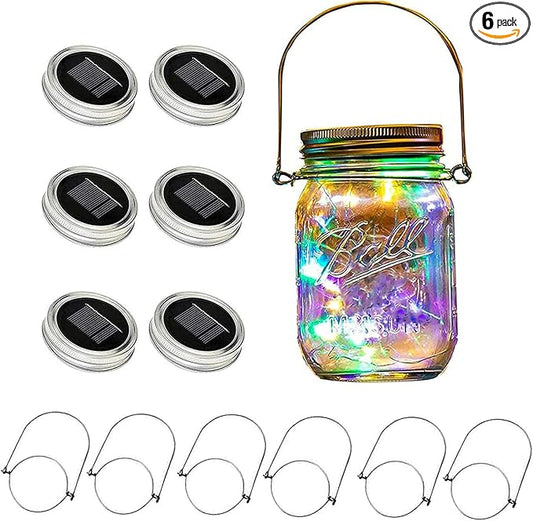 VOOKRY 6 Pack Solar Mason Jar Lights, 30 LED Mason Jar Lids Waterproof Firefly Fairy String Lights with 6 Hangers(No Jars), for Outdoor Patio Garden Yard Lawn Party Wedding Decoration - Multicolor