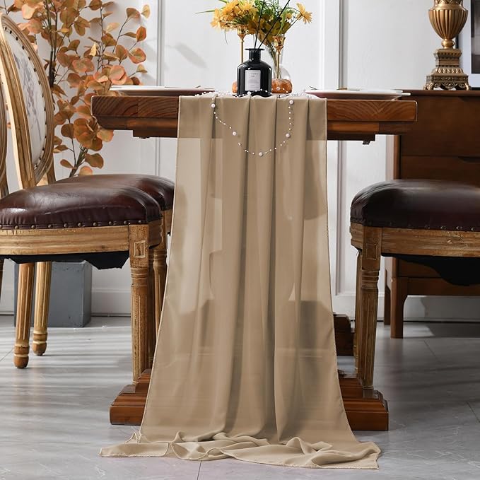 6 Pack 10 Ft Chiffon Table Runner Beige Gauze Long Table Runners 27x120 Inches Sheer Tulle Table Runner for Rustic Wedding Reception Bridal Shower Decorations Birthday Party