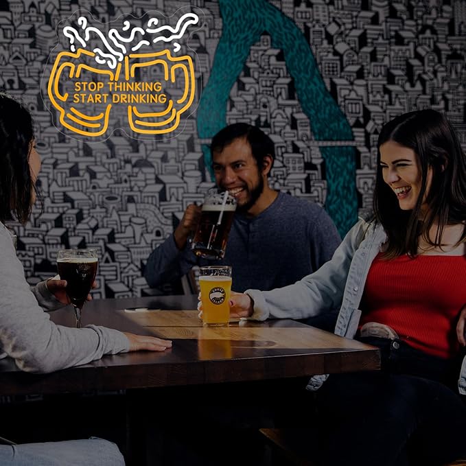 Stop Thinking Start Drinking Neon Sign for Wall Decor, Dimmable Two Beers Cheers Neon Lights with USB Powered Light up Sign for Home Bar Man Cave Party Club Restaurant