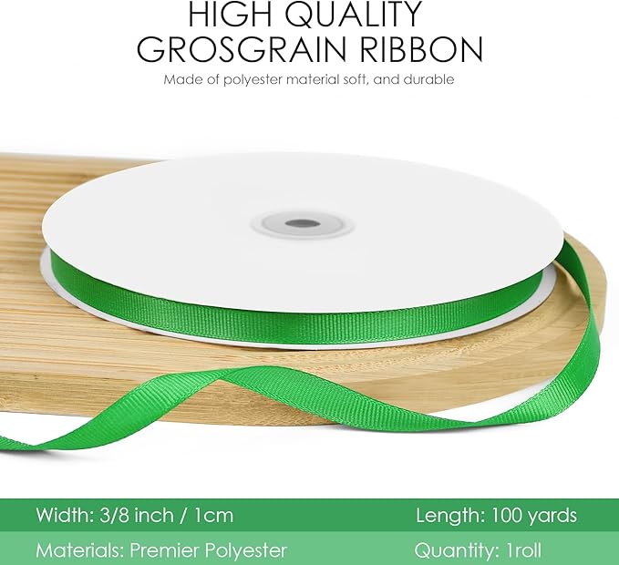 100 Yards 3/8 inch Grosgrain Ribbon, Solid Color Fabric Ribbon Perfect for Gift Wrapping, Wedding, Handmade Bows, Floral Bouquets and Party Decoration(Green)
