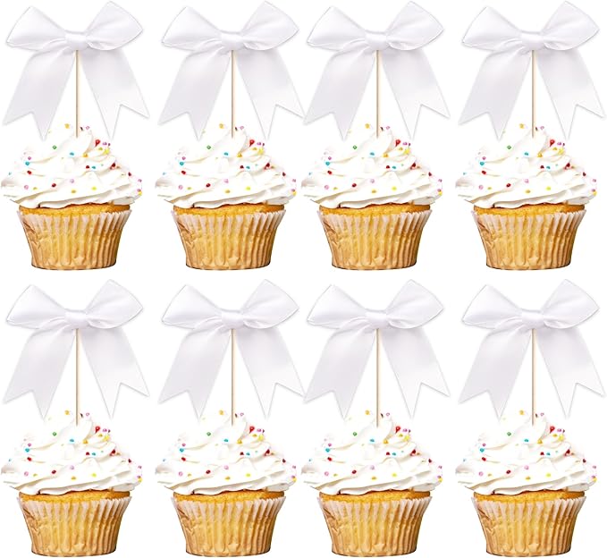 24 PCS Bow Cupcake Toppers Bowknot Cake Toppers Bow Cupcake Picks Bowknot Birthday Party Decorations Bow Cake Dessert Picks for Wedding Bridal Engagement Baby Shower Birthday Party Supplies White