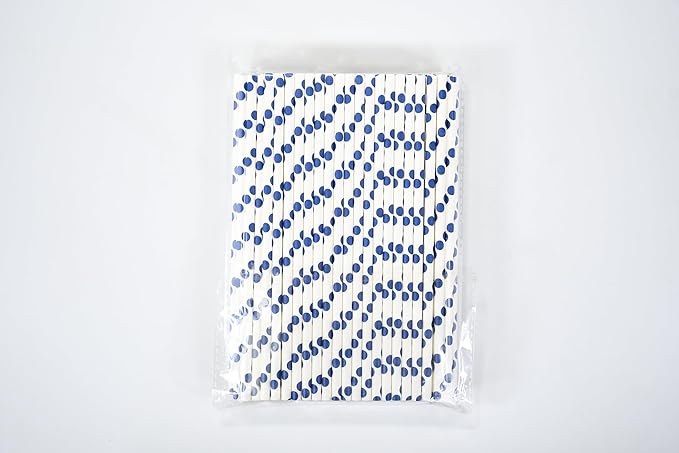 100 Counts Blue Polka Dots Paper Disposable Drinking Straws 7.75 inch, 0.24" Dia. - for Cocktail, Juice, Bar, Restaurant