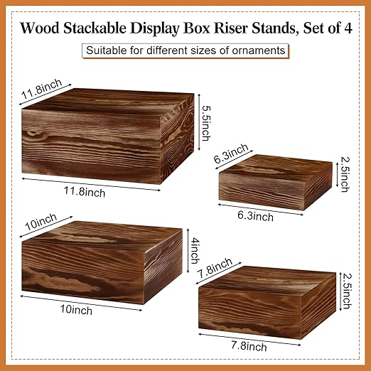 Roowest Set of 4 Wood Display Risers Rustic Cupcake Stand Rustic Wood Cake Stands Wooden Stackable Display Box for Dessert Wedding Birthday Christmas Village Party Decoration(Black Brown)