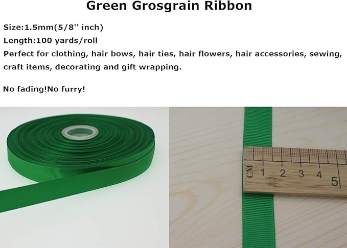 Jesep One Roll 100 Yards 5/8" Soild Grosgrain Ribbon Boutique Gift Wrapping Package Ribbon, DIY Crafts Bow Hair Headband Accessories Assorted Ribbon#553 (5/8" 15mm, Green)