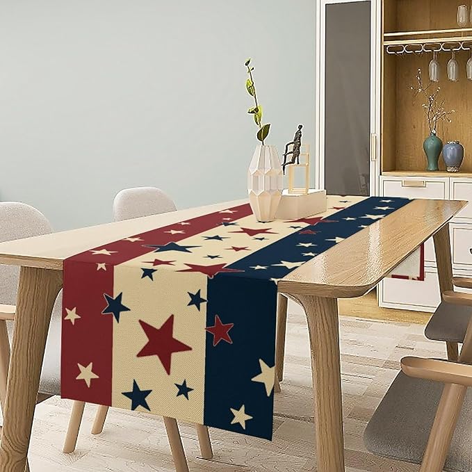 Memorial Day Table Runner, 4th of July American Patriotic Independence Day Stars Stripes Print Table Runne for Summer Holiday USA Home Decoration Party,13x120inch