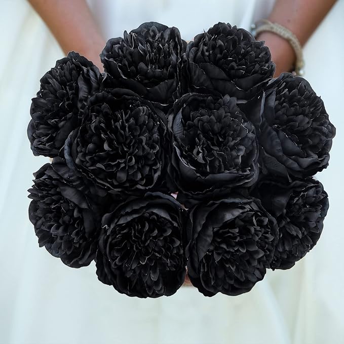U'Artlines 10 Heads Artificial Peony Silk Flower Leaf Home Office Wedding Party Festival Bar Decor (Black)