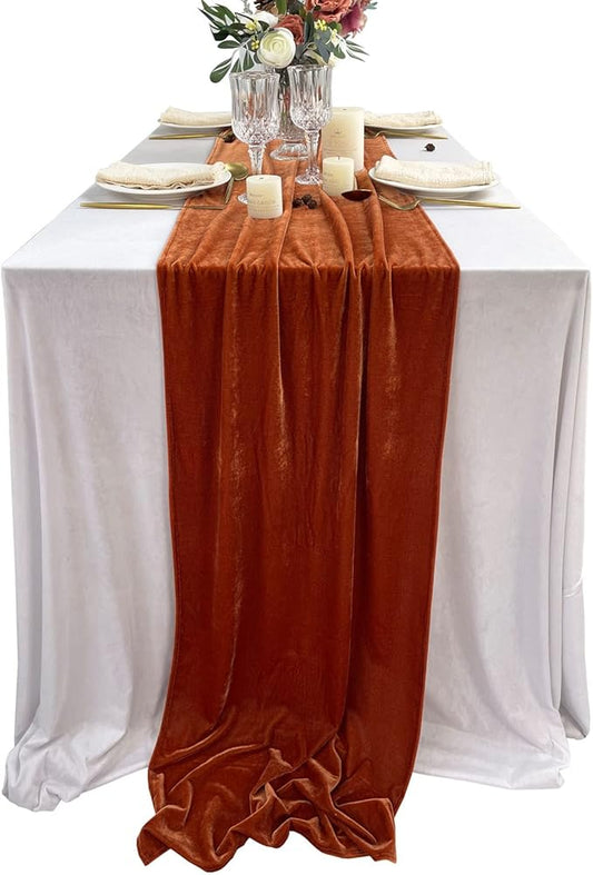 Luxurious Velvet Table Runner, 10ft Wedding Reception Decorations, 20x120inch Soft Velvet Fabric, Table Linen Overlay, Wedding Table Runners (Terracotta, 20X120inch)