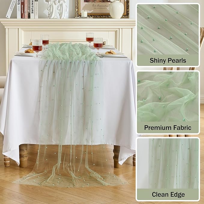 Fanami 3 Pack Pearl Table Runner -10FT Sage Green Boho Tulle Table Runners 120 Inches Long Rustic Sheer Lace Fabric Centerpieces for Wedding Arch Birthday Party Bridal Veil Baby Shower Decorations