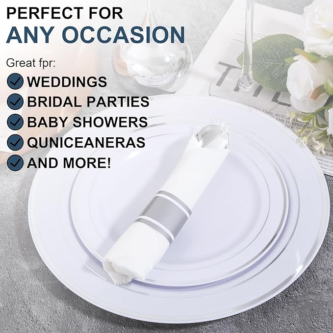 200Guests Pre Rolled Silver Plastic Silverware Sets - Heavy Duty Silver Cutlery - Include 200 Pack Wrapped Disposable Utensils with Napkins for Parties & Dinners & Weddings