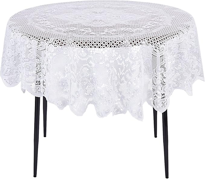 Juvale Round Lace Tablecloth - 59-Inch White Polyester - Scalloped Edge Circle Tablecloth with Floral Overlay & Vintage Decor for Wedding Receptions & Home