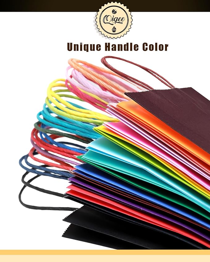 qiqee 100Pcs Paper Gift Bags with Handles 16 Different Senior Color Bags Multiple Uses（13"x10.3"x4.6",Large Size）