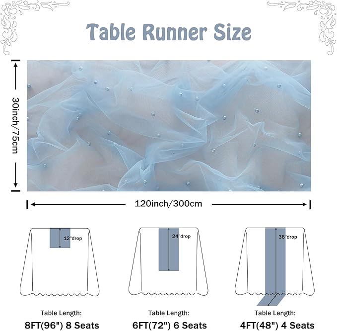 Fanami 1 Pack Pearl Table Runner -10FT Dusty Blue Boho Tulle Table Runners 120 Inches Long Rustic Sheer Lace Fabric Centerpieces for Wedding Arch Birthday Party Bridal Veil Baby Shower Decorations