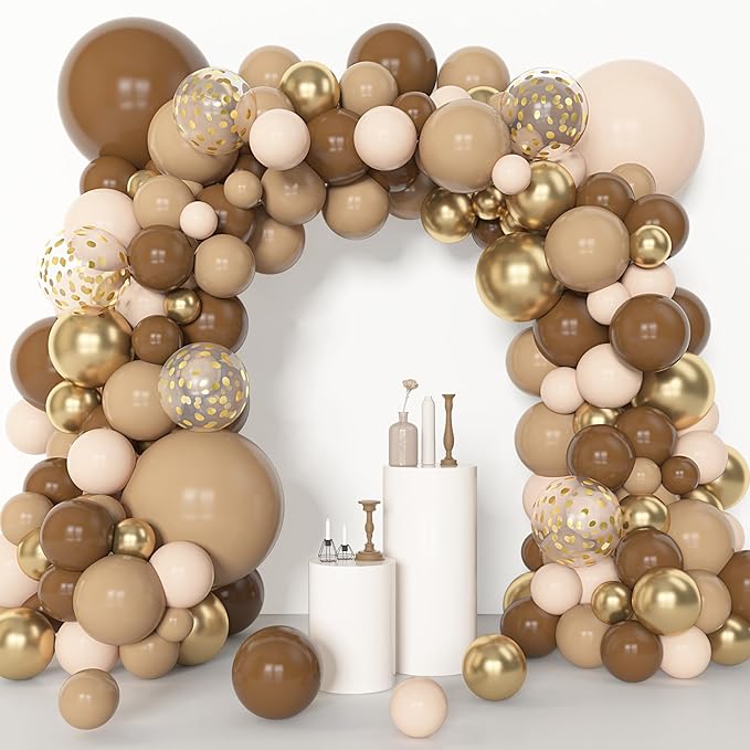Amandir 153pcs Brown Balloon Garland Arch Kit, Different Sizes 18 12 10 5 inch Brown Nude Latex Metallic Confetti Gold Balloons for Neutral Bear Baby Shower Safari Birthday Party Decorations Supplies