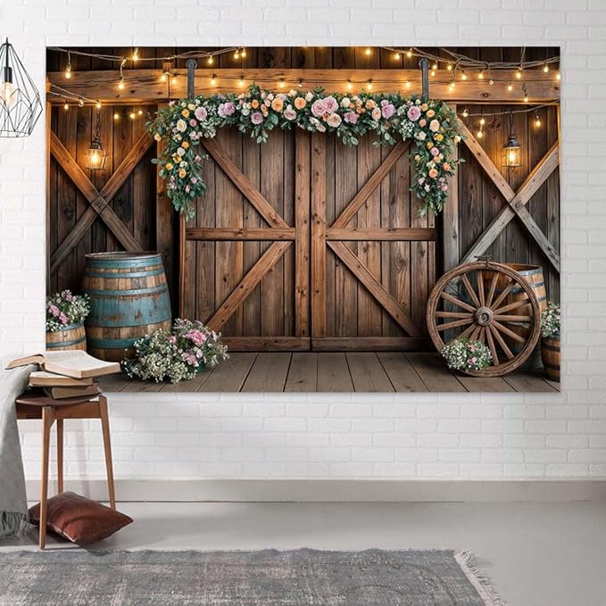 6x6ft Country Wedding Photography Backdrop Rustic Barn Door Photography Backdrop Farmhouse Pink Flower Cabin Wooden Birthday Baby Shower Wedding Bridal Party Banner Photo Booth Props Background