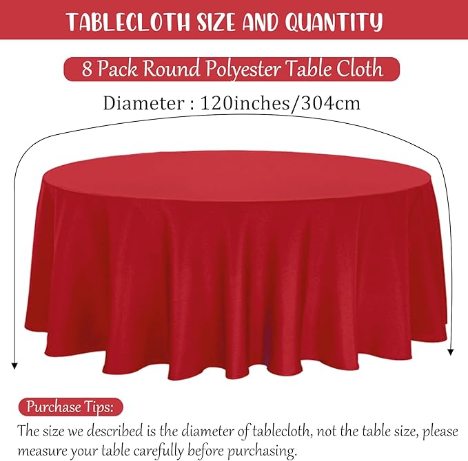8 Pack Premium Round Tablecloth - 120 Inch Red Washable Polyester Fabric Table Covers for Wedding Party Reception Banquet Buffet Restaurant