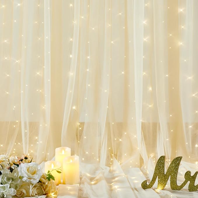 Champagne Tulle Photo Backdrop Curtain with Lights String for Parties Wedding Bridal Shower Sheer Champagne Curtain Backdrop for Birthday Baby Shower Photo Booth Photography 10ft x 8ft