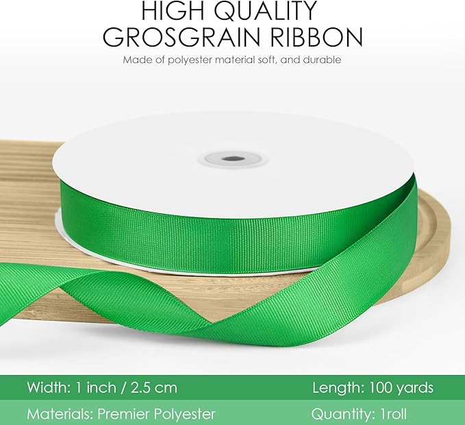 100 Yards 1 inch Grosgrain Ribbon, Solid Color Fabric Ribbon Perfect for Gift Wrapping, Wedding, Handmade Bows, Floral Bouquets and Party Decoration(Green)