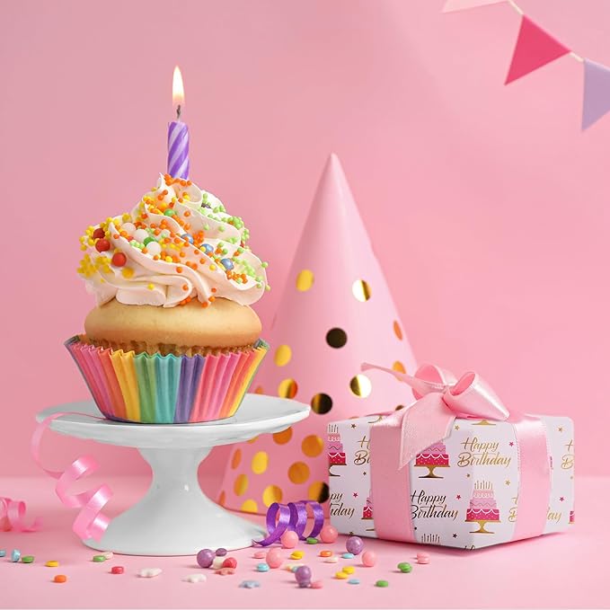 Aimyoo Pink Birthday Wrapping Paper Roll - 17 Inch X 32.8 Feet - Gold Foil Celebration Cake, Happy Birthday Lettering Design Gift Wrap for Kids, Baby Showers