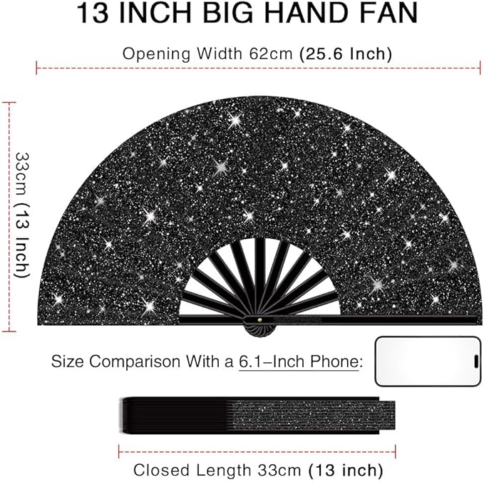 13" Large Folding Rave Fan with Holster, Clack Hand Fans Foldable for Line Dancing, Boots On The Ground Fan for Women Men Festival EDM Party Decoration, Glitter Black