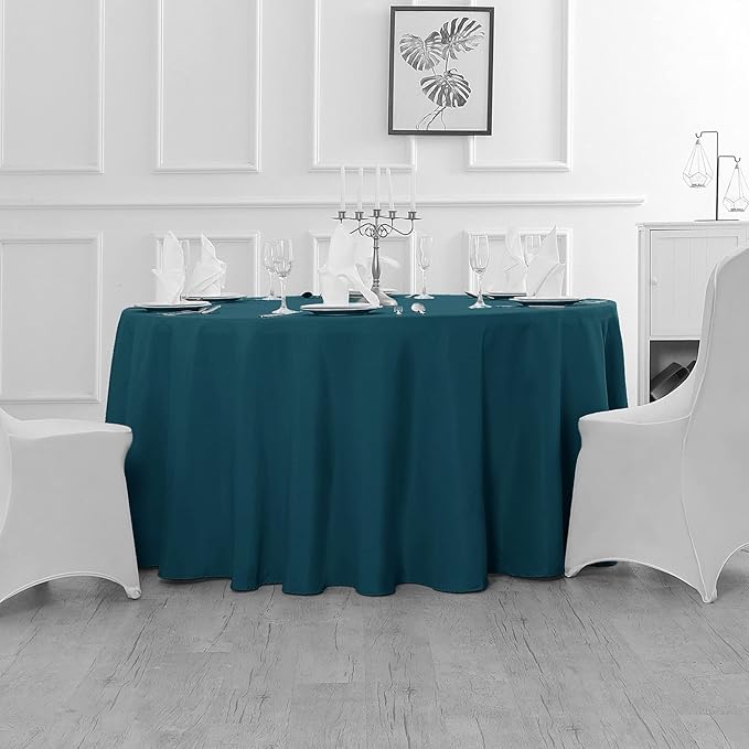 Fokitut 2 Pack Waterproof Round Tablecloth, 132 Inch, Stain Resistant and Wrinkle Polyester Table Cloth, Fabric Table Cover for Kitchen Dining, Wedding, Party, Holiday Dinner-Peacock Blue