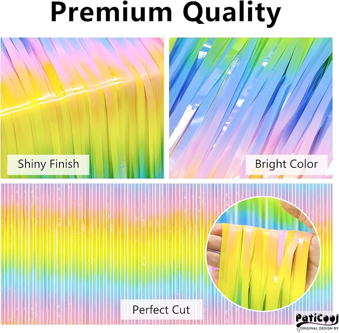 Easter Decorations Pastel Rainbow Streamers - Thicken 4 Pack 3.2 x 8.2 FT - Pastel Rainbow Foil Fringe Curtains, Pastel Backdrop for Birthday, Baby Shower, Spring Party Decorations