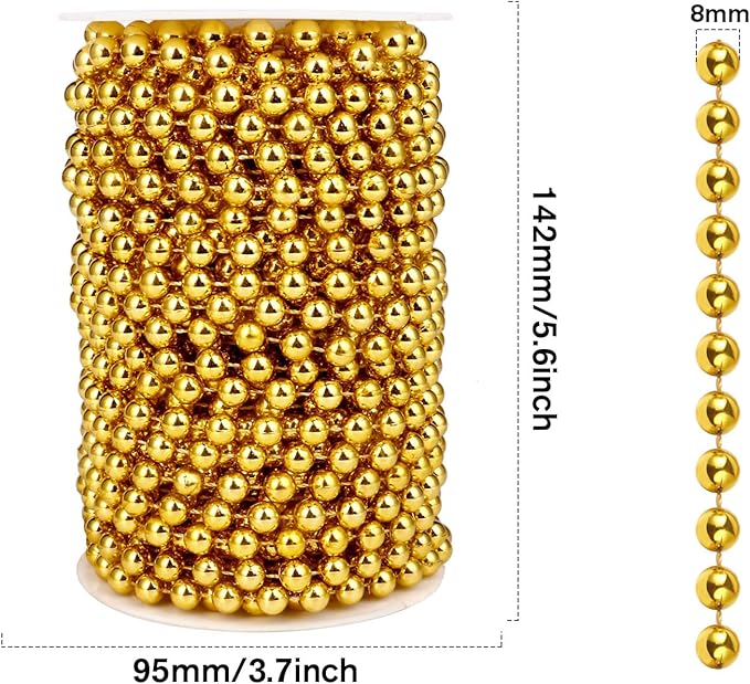 [66 Feet] Gold Pearl Beads Garland, 8MM 22 Yards Gold Faux Pearl Beads String Roll Bulk for DIY Craft Christmas Tree Wedding Party Decoration