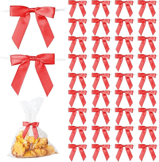 50Pcs Red Twist Tie Bows for Gift Wrapping 2.5" Satin Ribbon Bow for Treat Bags Cake Balloons Birthday Party Favors Wedding Decorations