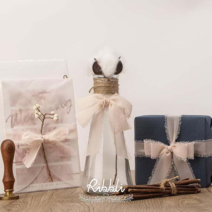 Ribbli Champagne Ribbon 1 Inch x 3 Rolls Total 24 Yards Nude Handmade Fringe Chiffon Silk Ribbon for Wrapping Wedding Invitations Bridal Bouquets DIY Crafts Home Decor