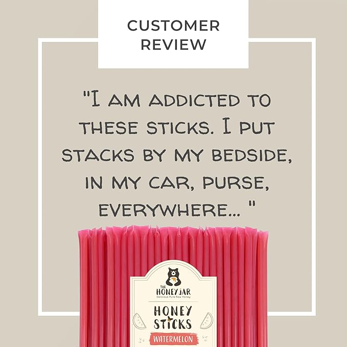 The Honey Jar Watermelon Flavored Honey Sticks - Pure Honey Straws For Tea, Coffee, or a Healthy Treat - One Teaspoon of Flavored Honey Per Stick - Made In The USA with Real Honey - (50 Count)