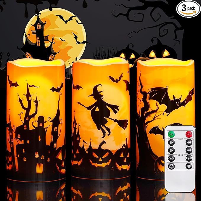 Homemory Halloween Candles, Orange Flameless Candles, Outdoor Waterproof Printed Decals Battery Operated LED Pillar Candles with Remote Timers for Fall Festival Spooky Decor, 3”x6”, Plastic, Set of 3