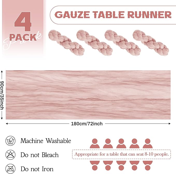 Aktor 4 Pack Dusty Pink Table Runner Boho Cheesecloth Table Runner Semi Sheer Gauze Fabric Runners for Wedding Birthday Baby Shower Party Boho Table Decoration（Dusty Pink）