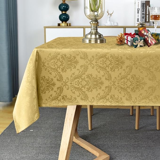 SASTYBALE Rectangle Jacquard Tablecloth - 60 x 84 Inch Spill Proof Wrinkle Resistant Damask Table Cloth, Soft Polyester Oblong Table Cover for Kitchen Parties Farmhouse, Gold